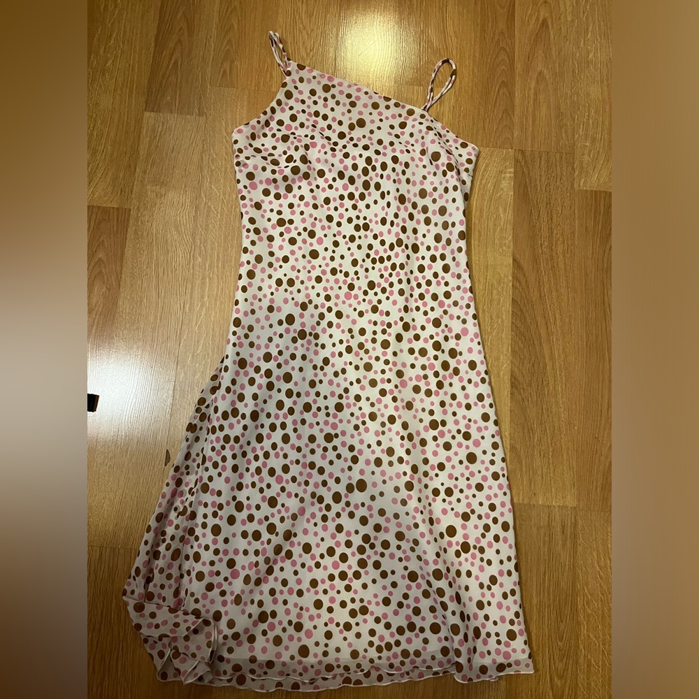 Women’s white dress with pink and brown polka dots
